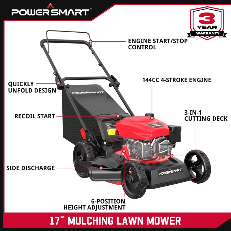 POWERSMART 17-inch Gas Push Lawn Mower, 144cc Engine, 3-in-1 Lawn Mower,